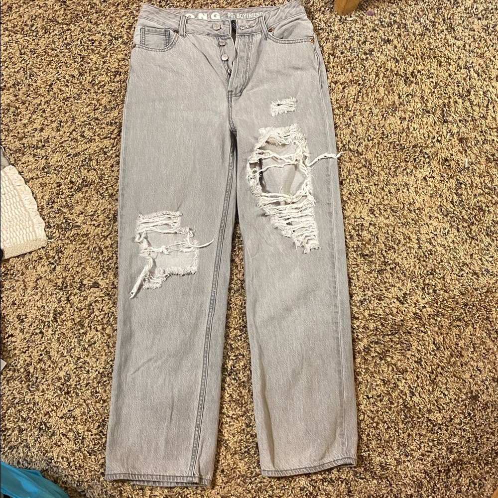 High Rise Distressed Boyfriend Gray Jeans